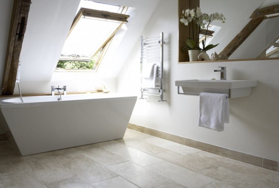Fascinating-Bathroom-Attic-with-White-Bathtub-beside-White-Washbasin-from-Porcelain-Material-under-Wall-Shelving-above-Concrete-Tile-Flooring-801x540