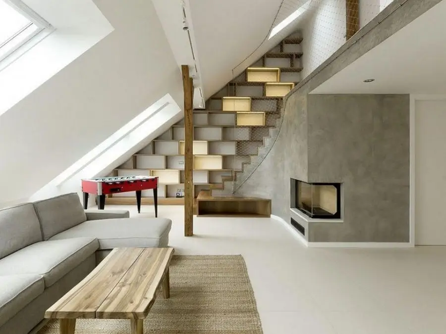 Awesome-Attic-Living-Area-for-Wonderful-Inspiring-Interior-Design-Completed-with-Small-Gray-Sectional-Sofa-and-Corner-Fireplace-near-the-Stairway-801x601