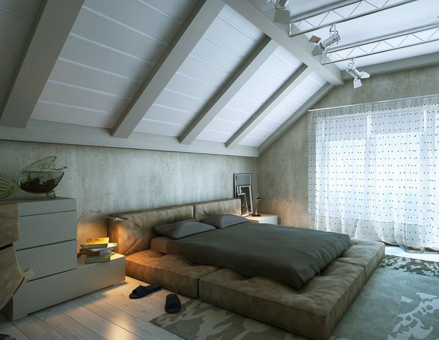 Modern-Attic-Bedroom-for-Teenager-in-the-Theme-of-Grey-Color-Which-Is-Completed-with-Brown-Bed-Set-nesxt-to-White-Curtain-801x620